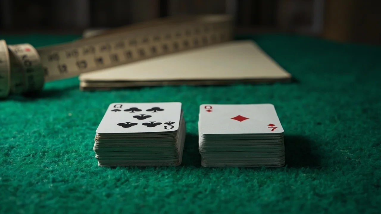 Two small stacks of playing cards on green felt with a measuring tape and notepad in soft studio light.