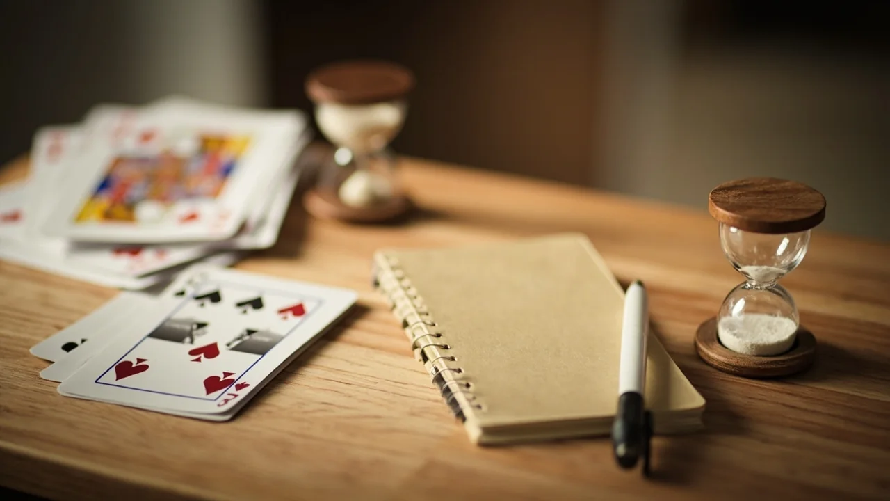 A wooden table arranged with a deck of cards, an hourglass, a notebook and a pen in soft directional daylight, representing the editorial desk at work.