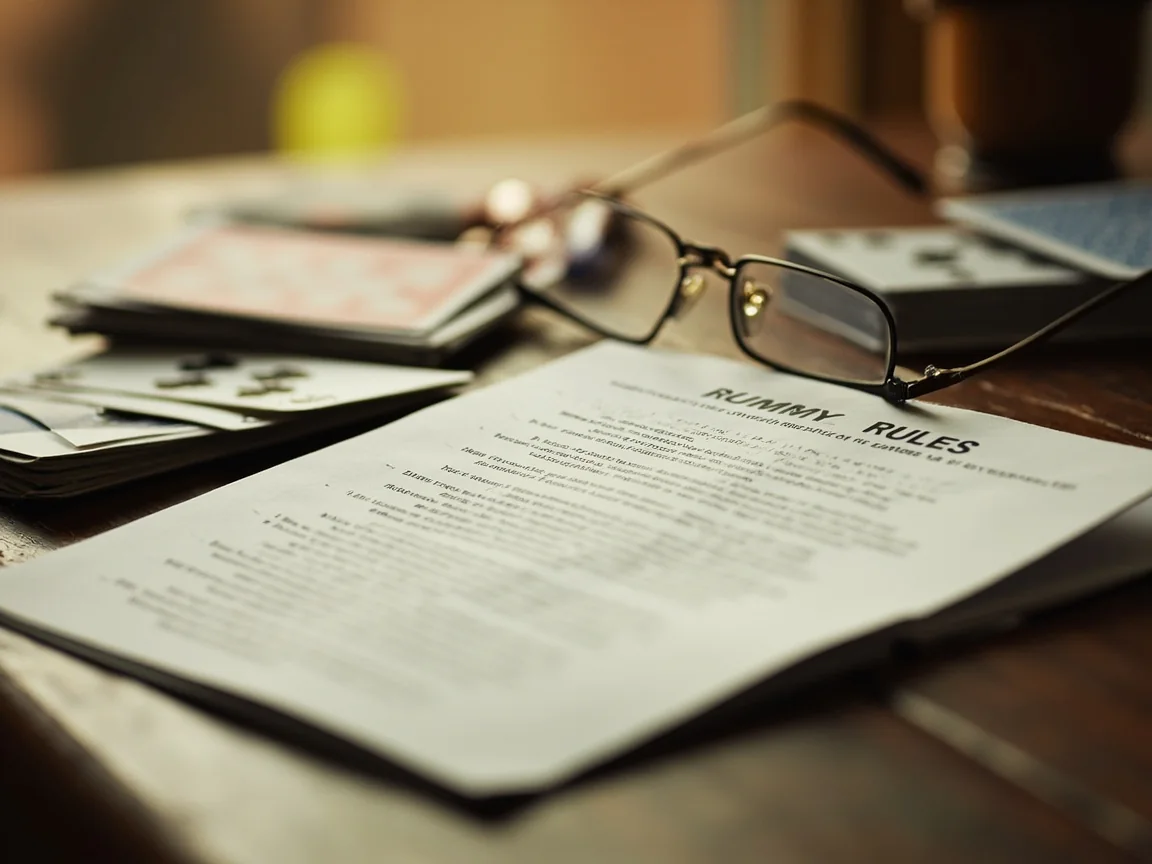 A printed rummy rules booklet open on a wooden table beside a deck of cards and reading glasses, used as the reference point for sourcing and cross-checking.