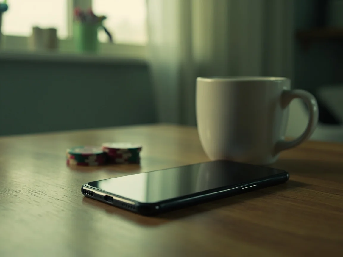 A smartphone resting on a wooden table next to a coffee cup and a small stack of playing chips.