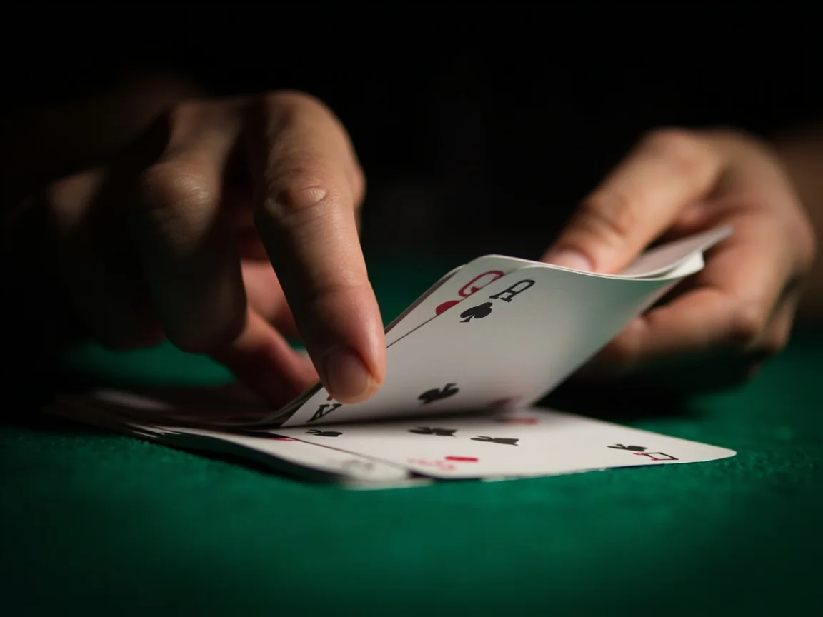 Two hands sorting a fan of playing cards on green felt under soft directional light.