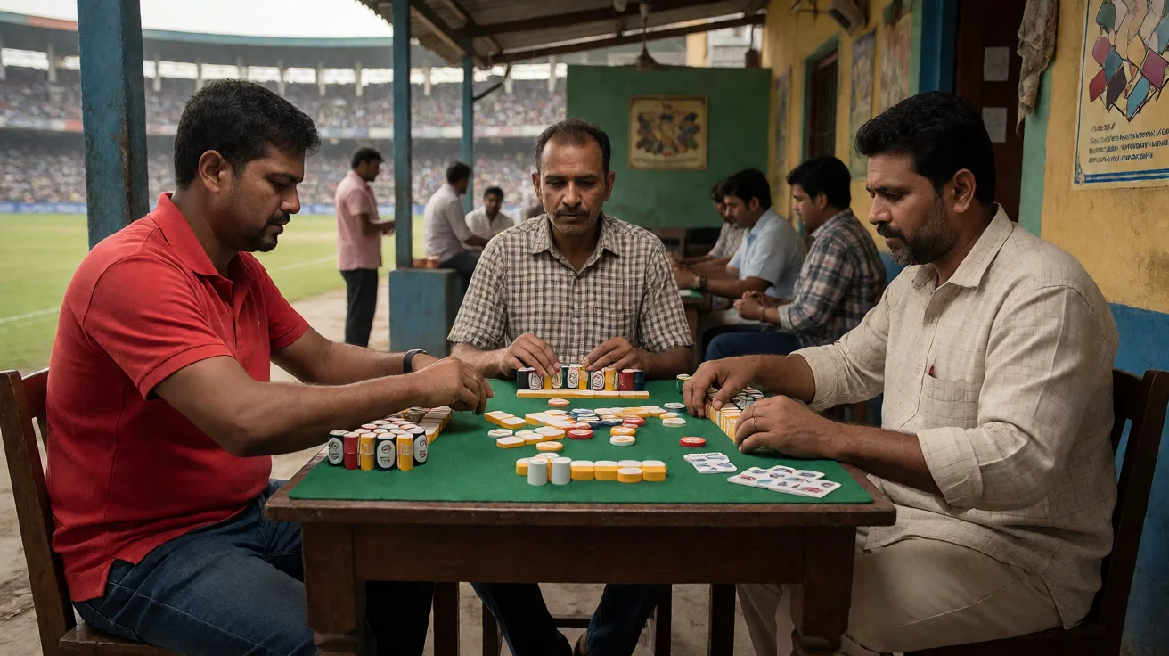 Wide editorial view of a community rummy tournament hall with multiple green-felt tables under warm overhead light.