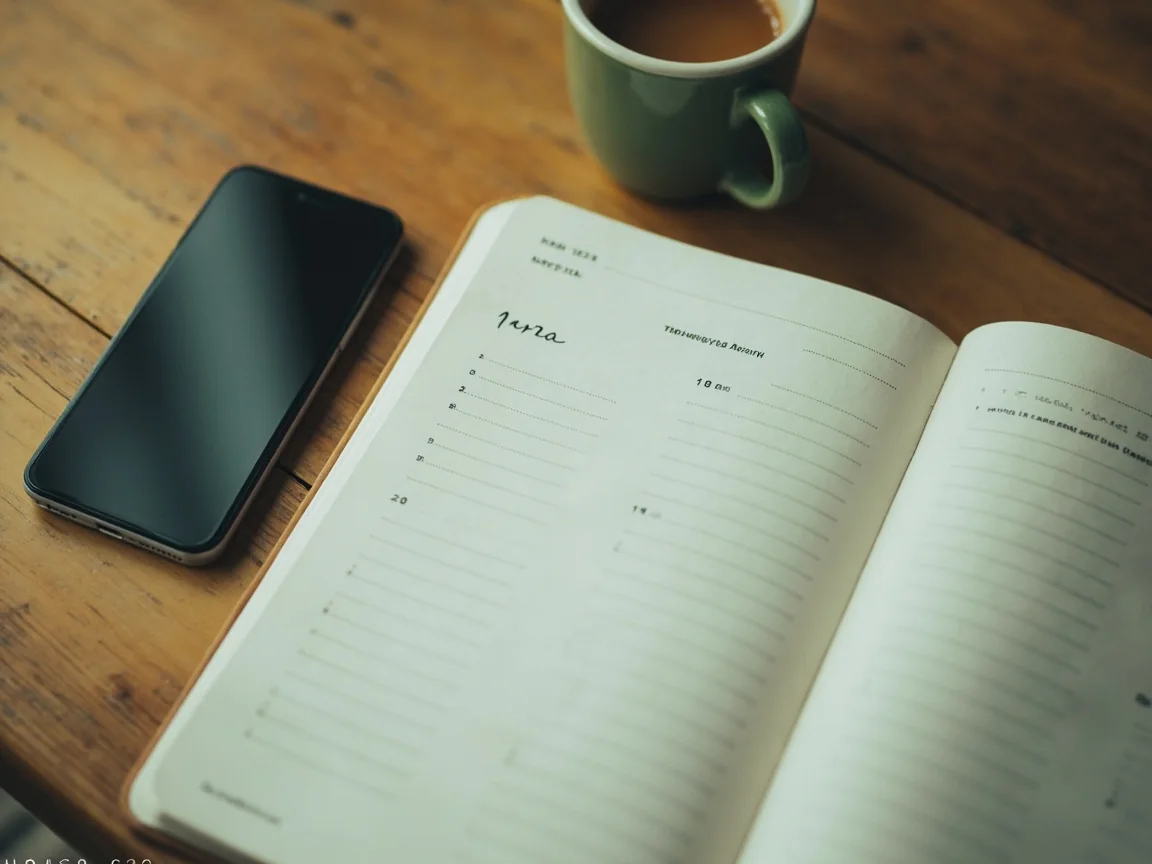 A planner notebook open to a weekly schedule page on a wooden table beside a smartphone showing a blurred screen and a small cup of tea.