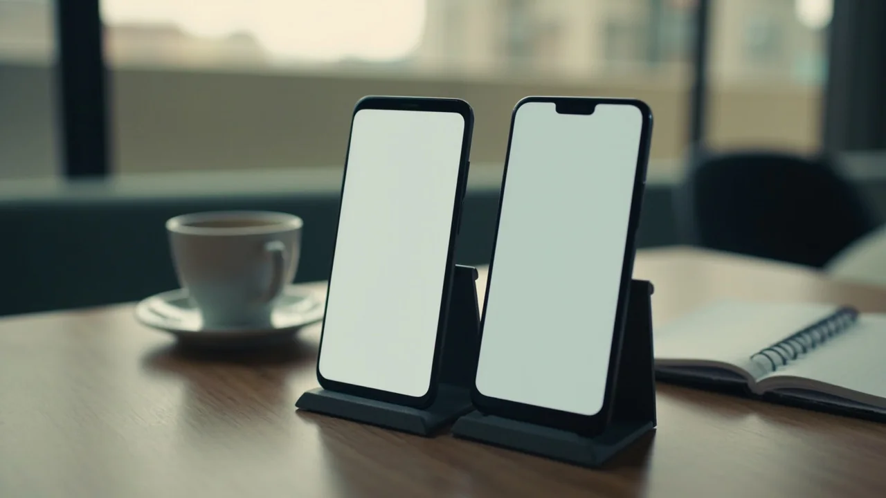 Two smartphones propped side by side on a wooden table displaying soft blurred screens, beside a coffee cup and a notebook.