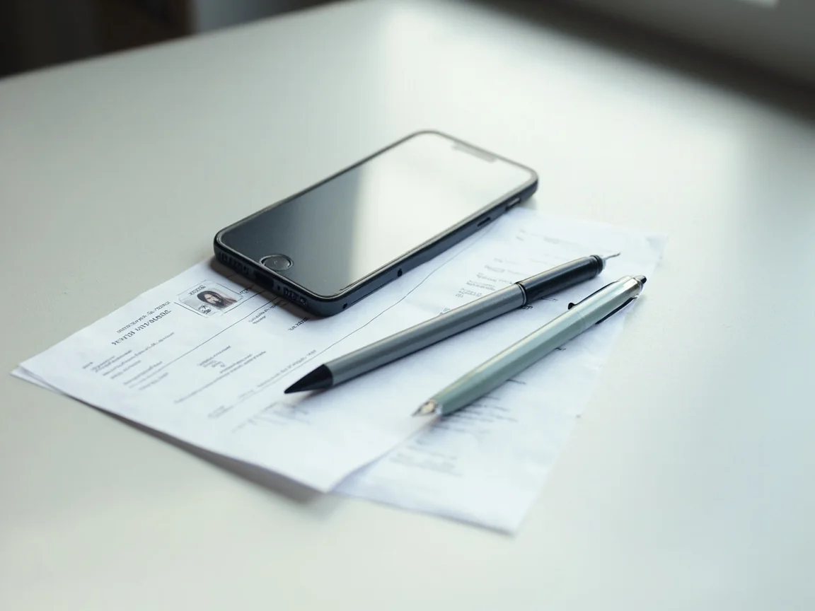 An ID document, a smartphone and a pen arranged neatly on a clean desk in soft daylight.