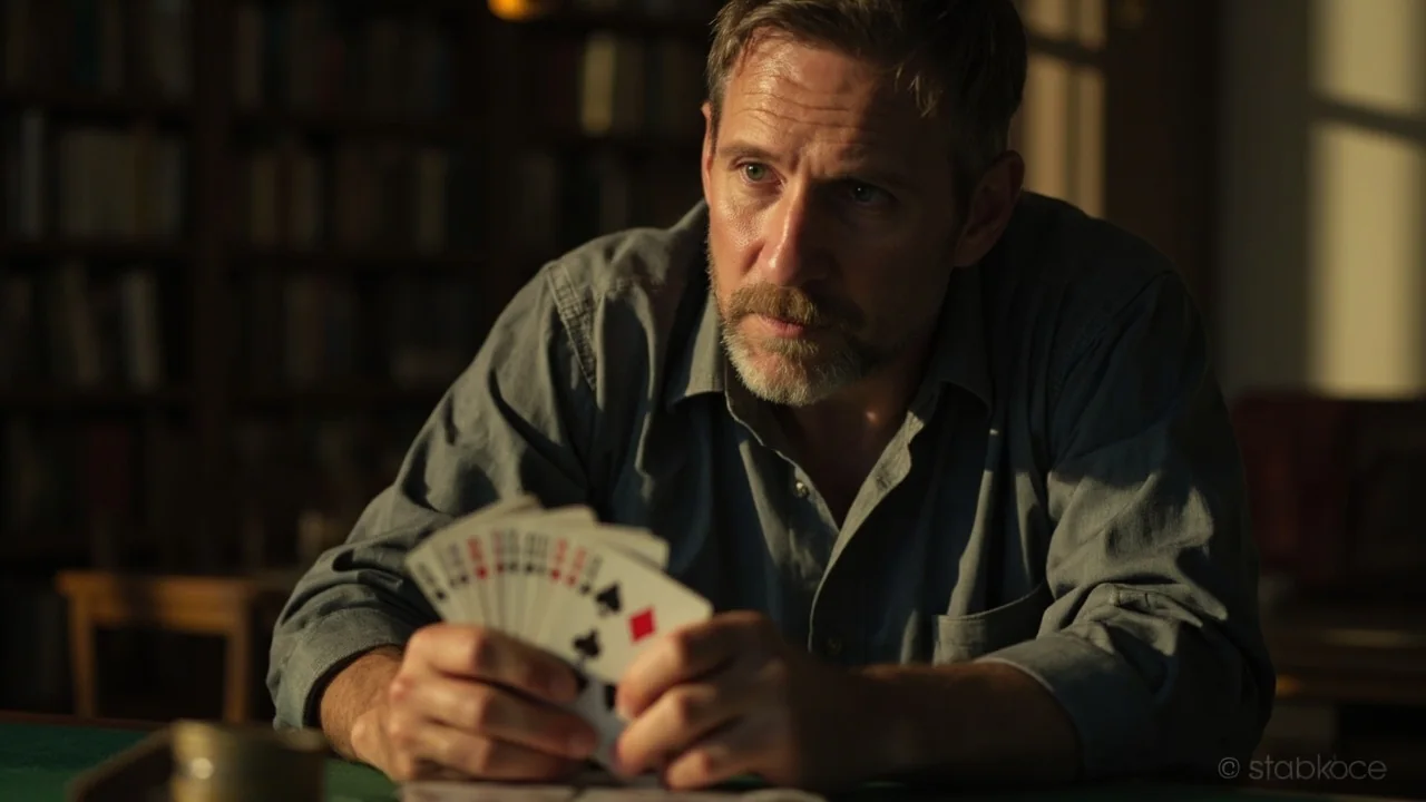 A focused adult player studying a fanned rummy hand in a quiet study room with late-afternoon warm light.
