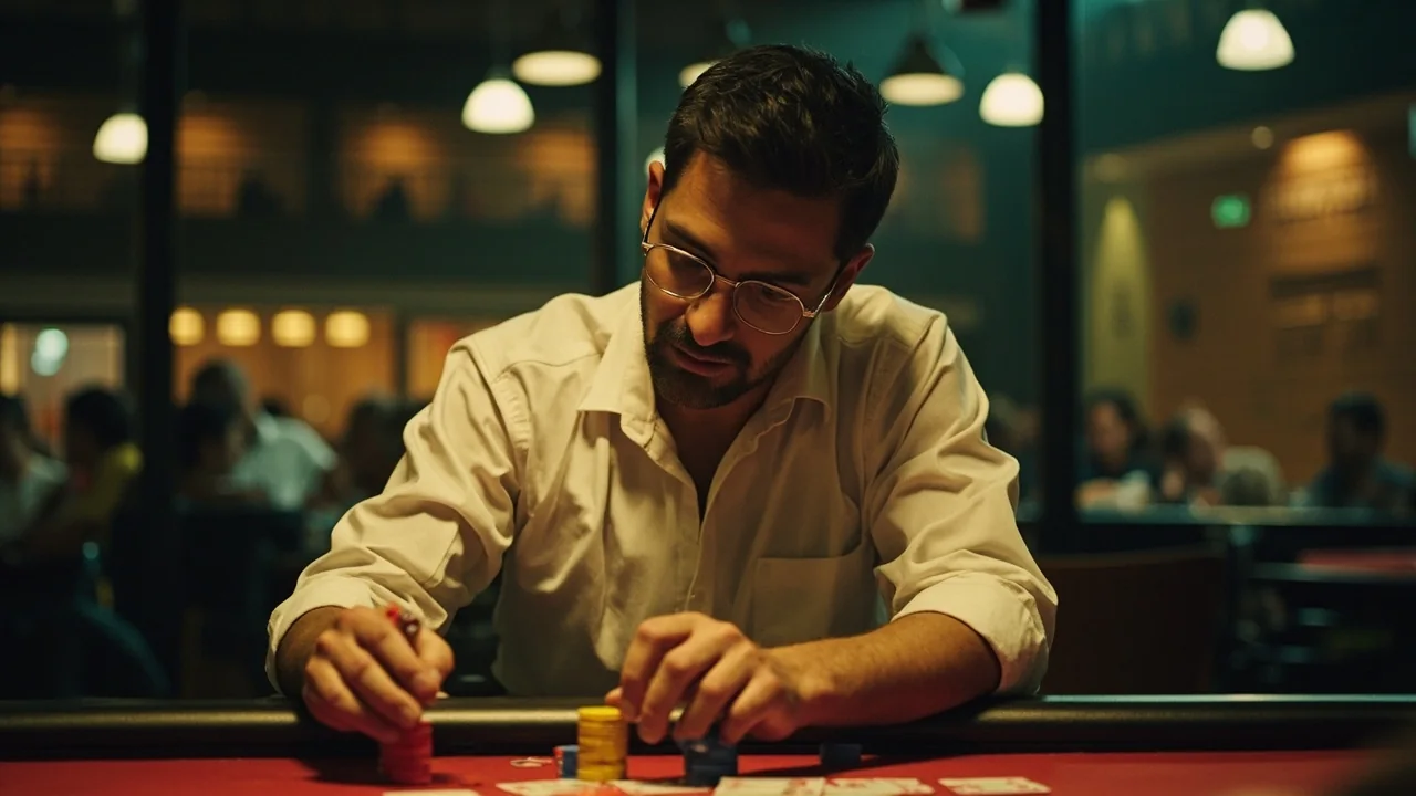 Wide editorial view of a community rummy tournament hall with multiple green-felt tables under warm overhead light.